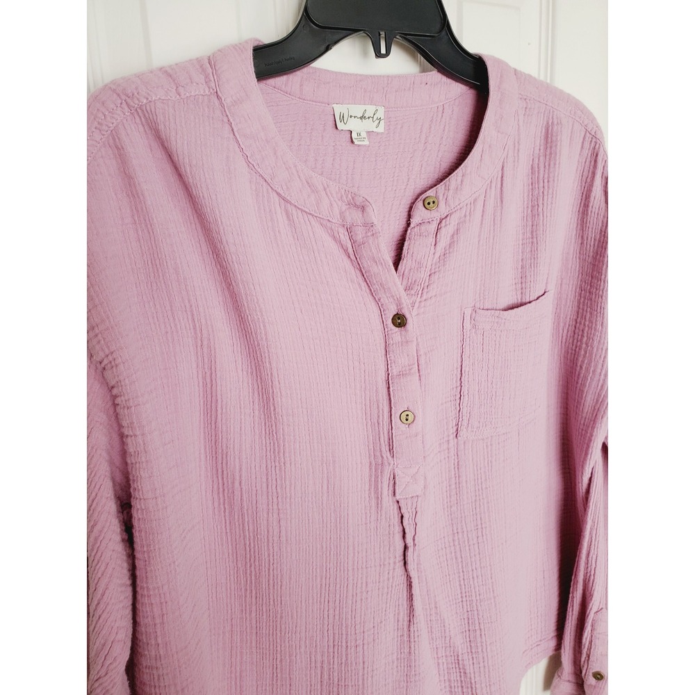 Gauze Cotton Henley Long Sleeve Purple Boho Casual Wonderly Minimalist Plus 1X